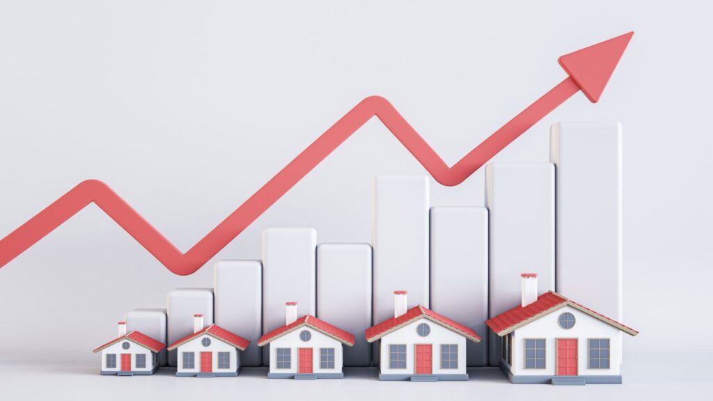 Bar chart rising upward behind model homes, representing increasing rental income and property value growth