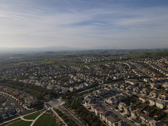 the aerial view of a neighborhood in California