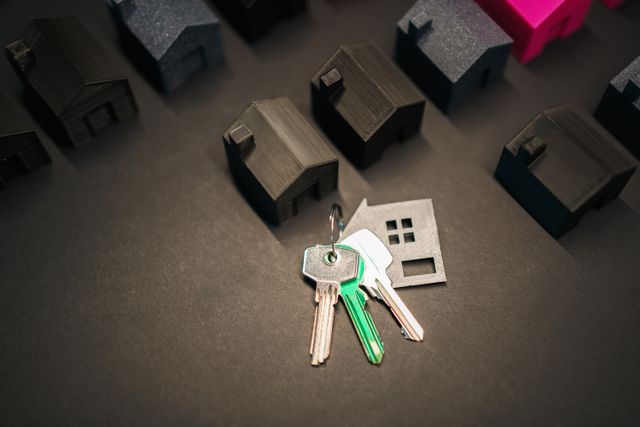 a set of keys next to small house models